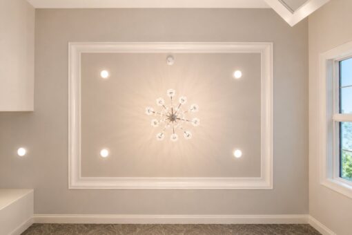Sanctuary custom home in Menomonee Falls by Kingfogl – tray ceiling and chandelier