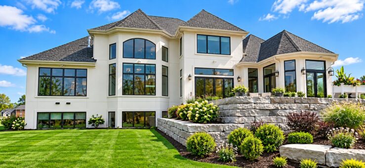 Sanctuary custom home in Menomonee Falls by Kingfogl – rear elevation with stone terraces and landscaping