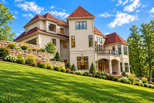 Shire custom home in Brookfield by Kingfogl – rear elevation with terraced stone walls, view 2