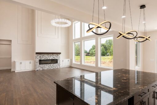 Turnberry custom home in New Berlin by Kingfogl – great room from kitchen island wide