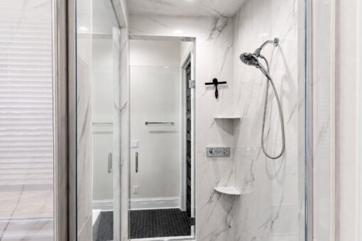 Turnberry custom home in New Berlin by Kingfogl – master bath shower interior