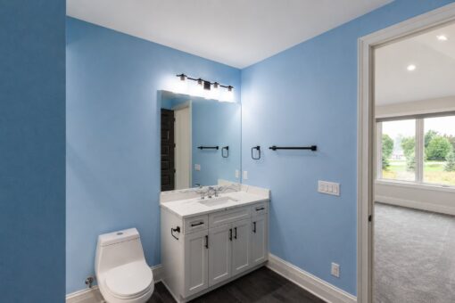 Turnberry custom home in New Berlin by Kingfogl – blue bath vanity and toilet