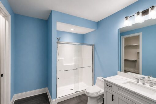Turnberry custom home in New Berlin by Kingfogl – blue bath shower and vanity