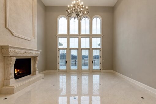 Vizzini custom home in Franklin by Kingfogl – 1st floor - great room fireplace and windows - day