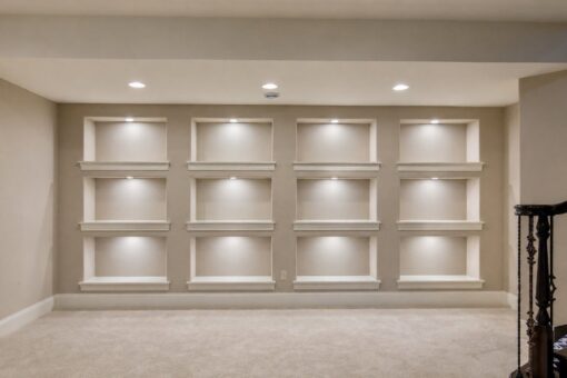 Vizzini custom home in Franklin by Kingfogl – basement - recreation room display shelves