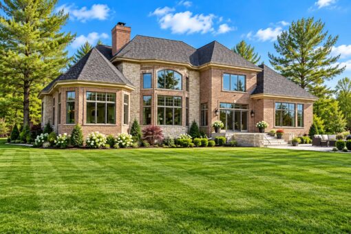 Wildwood custom home in Mequon by Kingfogl – rear elevation with mature trees, view 2
