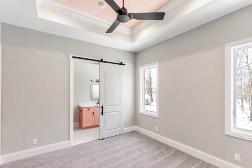 Apex bedroom with blush tray ceiling and barn door