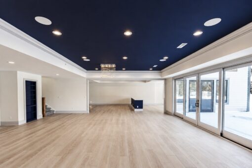 Apex lower-level recreation room with navy ceiling and walk-out doors