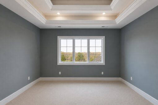 Ridge bedroom with tray ceiling and gray walls