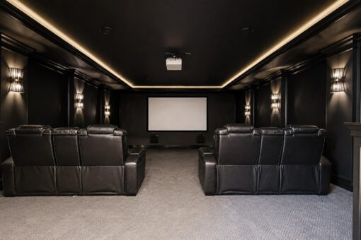 Ridge home theater with leather recliners and screen