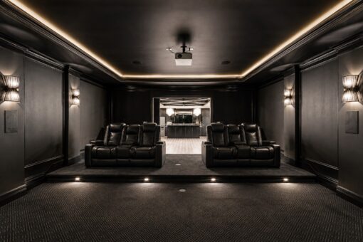 Ridge home theater with tiered leather recliners