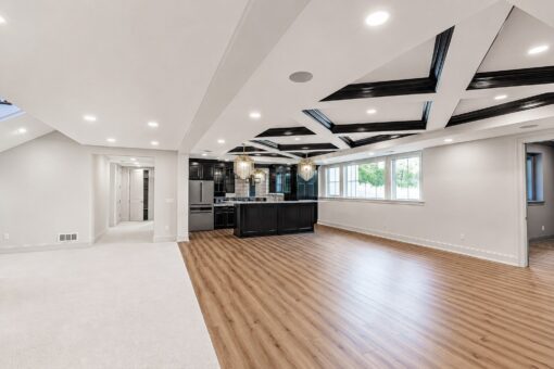 Ridge lower level with coffered ceiling and kitchen