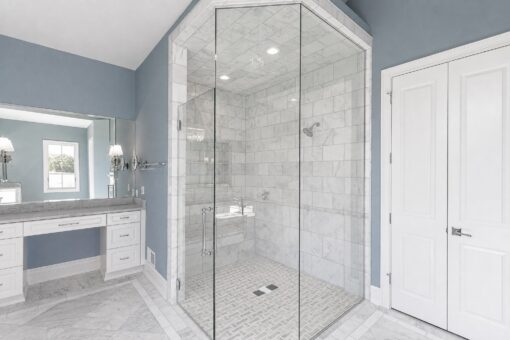 Ridge primary bath marble shower and makeup vanity